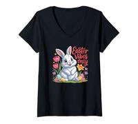 Damen Easter Vibes Only Cute Spring Bunny Eggs Positive Zitat T-Shirt mit V-Ausschnitt