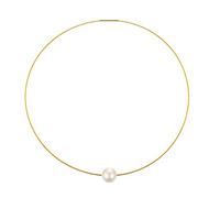 Damen Edelstahl Collier Halsreif Vergoldet ca.9 mm/ca.12 mm Süßwasserperlen, schwebender Anhänger elegant Bajonett Drehverschluß Halskette (50 cm, Weiß Perle ca.12mm)