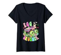 Damen Egg Crusher Easter Bunny Pug On Colorful Monster Truck T-Shirt mit V-Ausschnitt