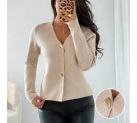 Damen einfache tägliche tiefe V-Ausschnitt gerade Schulter Langarm asymmetrische Metallschnalle dekorative Schnalle gestrickte Strickjacke Damen Aprik