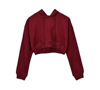 Damen Einfarbig Kapuzenpullover Sweatshirt Hoodies Shirt Kurz Crop Top Burgunderrot S