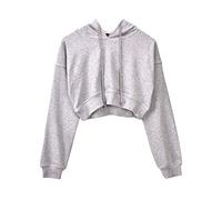 Damen Einfarbig Kapuzenpullover Sweatshirt Hoodies Shirt Kurz Crop Top Grau M