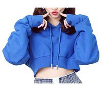 Damen Einfarbig Kapuzenpullover Sweatshirt Hoodies Shirt Kurz Crop Top Saphirblau XL