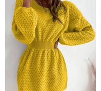 Damen Einfarbig Strickkleid mit rundem Ausschnitt, Raglanärmeln, geraffter Taille und langen Ärmeln, für den Lässig-Gebrauch