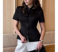 Damen Einfarbige Gewebe Vorderseite Knopf Retro Chinesischer Kragen Taille Raffung Kurzarm Blazer, Büromode Frühling & Sommer Schwarz