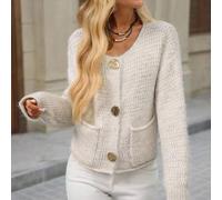 Damen einfarbige Langarm Metall-Einreiher Taschen Loose Fit Strickjacke, Knopfleisten Strickjacke, Gestrickte Strickjacke für Damen, strukturierte Str