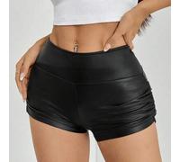 Damen Einfarbige plissierte schwarze PU-Leder-Shorts-Leggings