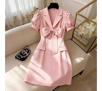 Damen Einfarbiger Blazer Kragen Schleife Puffärmel Taille Raffung Kurzes Kleid, süßer Mädchenstil für Dates/Nachmittagstee Damenkleid Rosa Schleife Kl