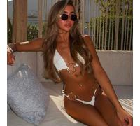 Damen einfarbiger Neckholder-Bikini-Zweiteiler mit Bindung, sexy Bademode, Sommer Strandurlaub Weiß