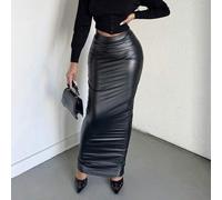 Damen einfarbiger PU-Leder-Midi-Rock in eleganter Länge, Herbst-Schwarz-Lederkleid, Kunstlederstreckenkleid, Bodycon-Langrock