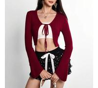 Damen einfarbiger strukturierter Strick-Cardigan mit Bindeband vorne, langen Ärmeln und kurzer Passform, elegant & sexy