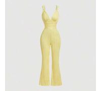 Damen einfarbiger taillierter lässiger ärmelloser V-Ausschnitt Sommer Mode strukturierter Jumpsuit
