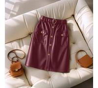 Damen einfarbiger Taschen-Design Einreihiger modischer PU-Lederrock