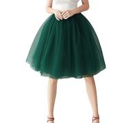 Damen Einfarbiger Tüllrock Knielang Elastischer Bund 4 Lagiger Netz Tutu Rock Mehrlagig Vintage Ballkleid Abendparty Hochzeit Urlaub Verkleidung Dunkelgrün S
