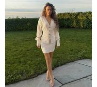 Damen Einfarbiger V-Ausschnitt Drop-Shoulder Langarm Einreihiger Lässig Strick Cardigan & Mini Rock 2-teiliges Set
