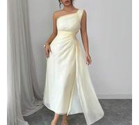 Damen einfarbiges ärmelloses plissiertes Rüschen Midi-Kleid