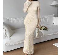 Damen Einfarbiges elegant besticktes Slim Fit Langarmkleid