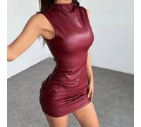 Damen einfarbiges figurbetontes Lässig-Lederkleid mit Stehkragen und ärmellos