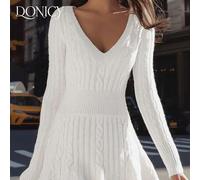 Damen einfarbiges figurbetontes Langarm-Sweaterkleid mit V-Ausschnitt, modisches & elegantes weißes kurzes Jumpsuit-Kleid, geeignet für Lässig, Busine