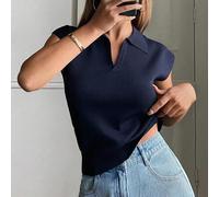 Damen Einfarbiges figurbetontes Polo-Kragen elegantes formelles Strick-Top, Frühling/Herbst