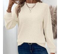 Damen Einfarbiges geripptes, gebürstetes, bequemes Rundhals Langarm Lässig T-Shirt, geeignet für Herbst/Winter