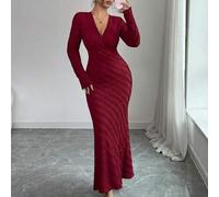 Damen Einfarbiges gestricktes Jacquard V-Ausschnitt tailliertes Fischschwanz-Saum Langarm Maxi-Kleid in Kastanienbraun, elegant und sophisticated für