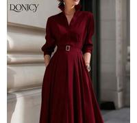 Damen Einfarbiges Kleid mit Kragen, plissierter Taille und Langarm, modisches, elegantes, vielseitiges Lässig-Kleid in Weiß, geeignet für Dates, Einka