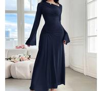 Damen Einfarbiges Kleid mit rundem Ausschnitt, Twist-Design, elegante Langarm Abendkleider