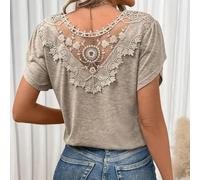 Damen einfarbiges Kurzarm-Top mit V-Ausschnitt und doppellagigem Rüschenrand, hohles Design für Frühling, Sommer, Herbst, tägliches Tragen (S Khaki)