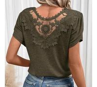Damen einfarbiges Kurzarm-Top mit V-Ausschnitt und doppellagigem Rüschenrand, hohles Design für Frühling, Sommer, Herbst, tägliches Tragen (S Grün)