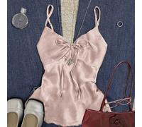 Damen einfarbiges modisches Chiffon-Trägertop mit Front-Bindung, romantisch und süß, staubiges Rosa, für Abendessen, Date und Ausgehen im Sommer