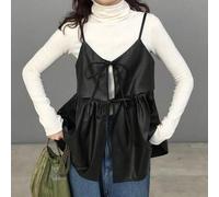 Damen einfarbiges schwarzes Camisole-Top aus PU-Stoff mit Tunnelzug, vielseitig kombinierbar, lässiger Stil