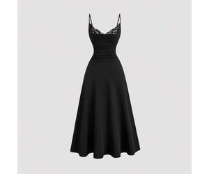 Damen einfarbiges Spaghettiträger-Kleid mit Spitzen-Patchwork, ärmellos, Midi-Länge, Sommermoden