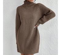 Damen einfarbiges Strickkleid mit hohem Kragen und Raglanärmeln, lässig und locker, Herbst/Winter