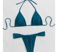 Damen Einfarbiges String-Bikini-Badeanzug mit Neckholder und Rückenschnürung, Strandurlaubsstil Sommer