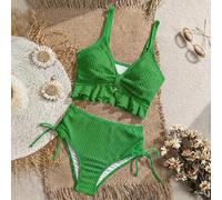 Damen einfarbiges strukturiertes Stoff süßes Rüschen Kordelzug plissiertes Hohe Taille Tanktop Bikini