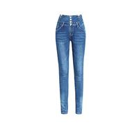Damen Elastische Bauch Twill Bleistift Denim Hose High Rise Washed Tapered Slim Jeans Regular Fit Gerade Hose (Blau,36)