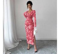 Damen Elastisches Mesh-Kleid mit Blumenmuster, schickes & sexy figurbetontes Midi-Kleid mit V-Ausschnitt und Twist-Detail, geeignet für Lässig, Date u