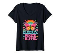Damen Elderly White Hippie Retro Vibe Butterfly Vintage 70er Jahre Groovy T-Shirt mit V-Ausschnitt
