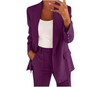 Damen Elegant 2 Teiler Sommer Hosenanzug Langarm Business Anzug Set Zweiteiler Einfarbig Blazer Hose Festlich Lange Hosenanzüge Sportlich Slimfit Streetwear Frauen Baumwolle Freizeitanzug Blazers