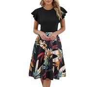 Damen Elegant Criss Cross V Ausschnitt Vintage Kurzarm Arbeit Casual Fit und Flare Tee Kleid mit Taschen 980, Schwarz / Gelb, X-Groß