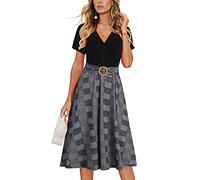 Damen Elegant Criss-Cross V Ausschnitt Vintage Kurzarm Arbeit Casual Fit und Flare Teekleid mit Taschen 980, Black Plaid, X-Groß