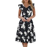 Damen Elegant Criss-Cross V Ausschnitt Vintage Kurzarm Arbeit Casual Fit und Flare Teekleid mit Taschen 980, black floral, Groß
