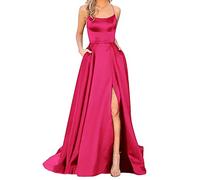 Damen Elegant Lange Ballkleider mit Taschen Satin A-Linie Backless Hochzeitskleid Abendkleider Sexy Neckholder Spaghetti Brautkleid Kleider Lang Prinzessin Brautjungfer Kleid (Hot Pink-1, M)