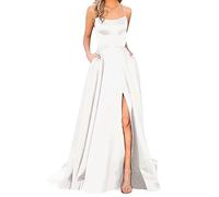 Damen Elegant Lange Ballkleider mit Taschen Satin A-Linie Backless Hochzeitskleid Abendkleider Sexy Neckholder Spaghetti Brautkleid Kleider Lang Prinzessin Brautjungfer Kleid Partykleid