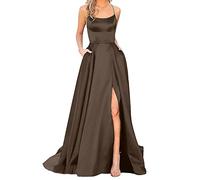 Damen Elegant Lange Ballkleider mit Taschen Satin A-Linie Backless Hochzeitskleid Abendkleider Sexy Neckholder Spaghetti Brautkleid Kleider Lang Prinzessin Brautjungfer Kleid Partykleid (a-Brown, L)