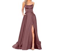 Damen Elegant Lange Ballkleider mit Taschen Satin A-Linie Backless Hochzeitskleid Abendkleider Sexy Neckholder Spaghetti Brautkleid Kleider Lang Prinzessin Brautjungfer Kleid Partykleid (A-C, S)