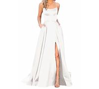 Damen Elegant Lange Ballkleider mit Taschen Satin A-Linie Backless Hochzeitskleid Abendkleider Sexy Neckholder Spaghetti Brautkleid Kleider Lang Prinzessin Brautjungfer Kleid Damen Weiß 3XL