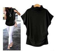 Damen Elegant Rollkragen T-Shirt Kurzarm Lose Bluse Tops Casual Solid Farbe Oberteil für Alltag Party Urlaub Mode Sommer Frühling(M Black)