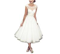 Damen Elegant Sheer Vintage Kurz Spitze Hochzeitskleid für Braut, elfenbeinfarben, 34